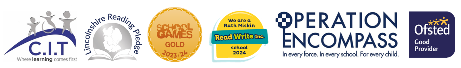 Accreditations School accreditation logos - Lincolnshire Reading Pledge Silver, School Games Gold, Ruth Miskin, Operation Encompass, Ofsted Good.