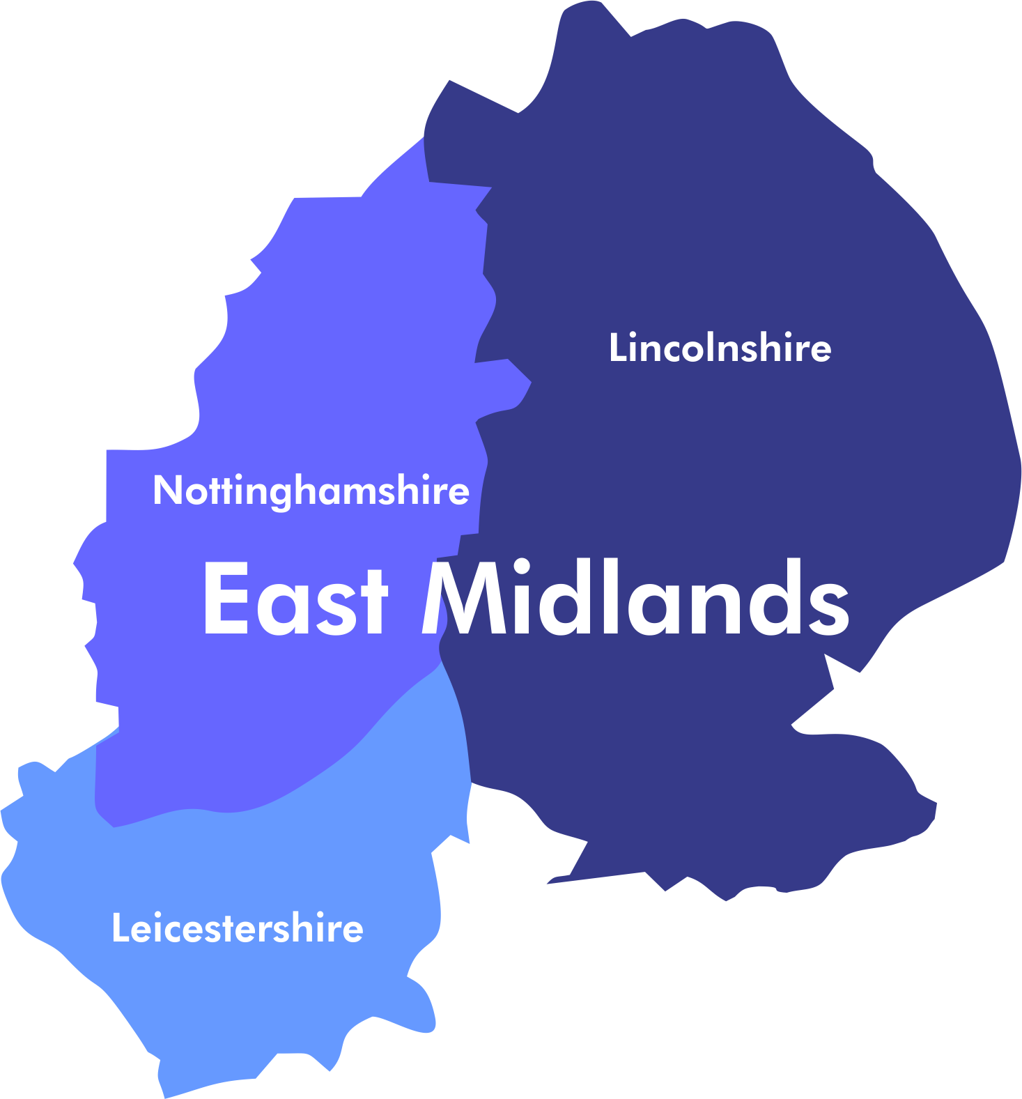Counties map showing the East Midlands